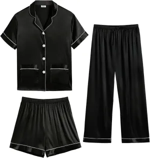 SWOMOG Kids Satin Pajamas Set 3Pcs Girls Boy Silk Pjs Set with 2 Pockets Short Sleeve Cute Button Down Sleepwear 4T-13T