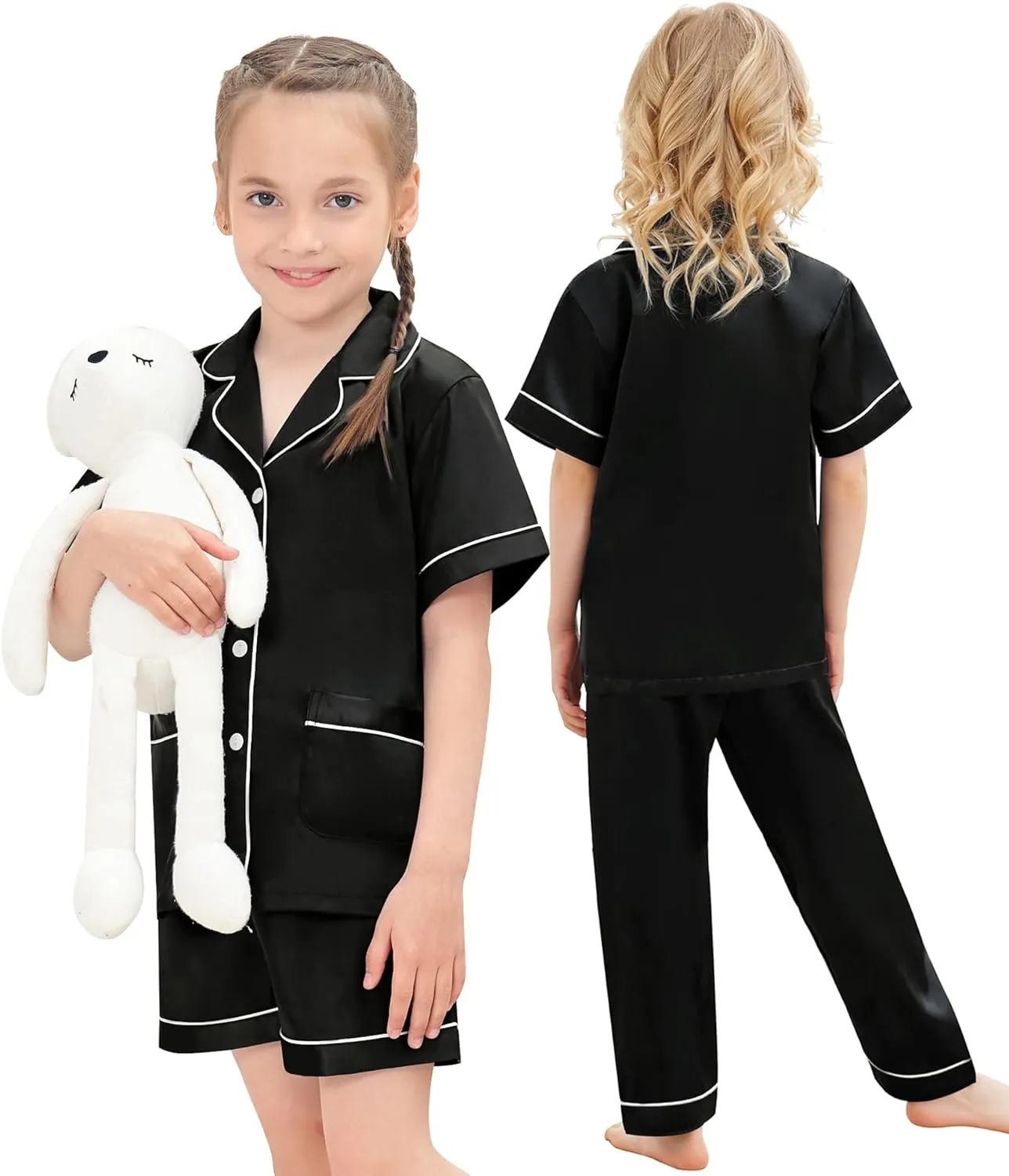 SWOMOG Kids Satin Pajamas Set 3Pcs Girls Boy Silk Pjs Set with 2 Pockets Short Sleeve Cute Button Down Sleepwear 4T-13T