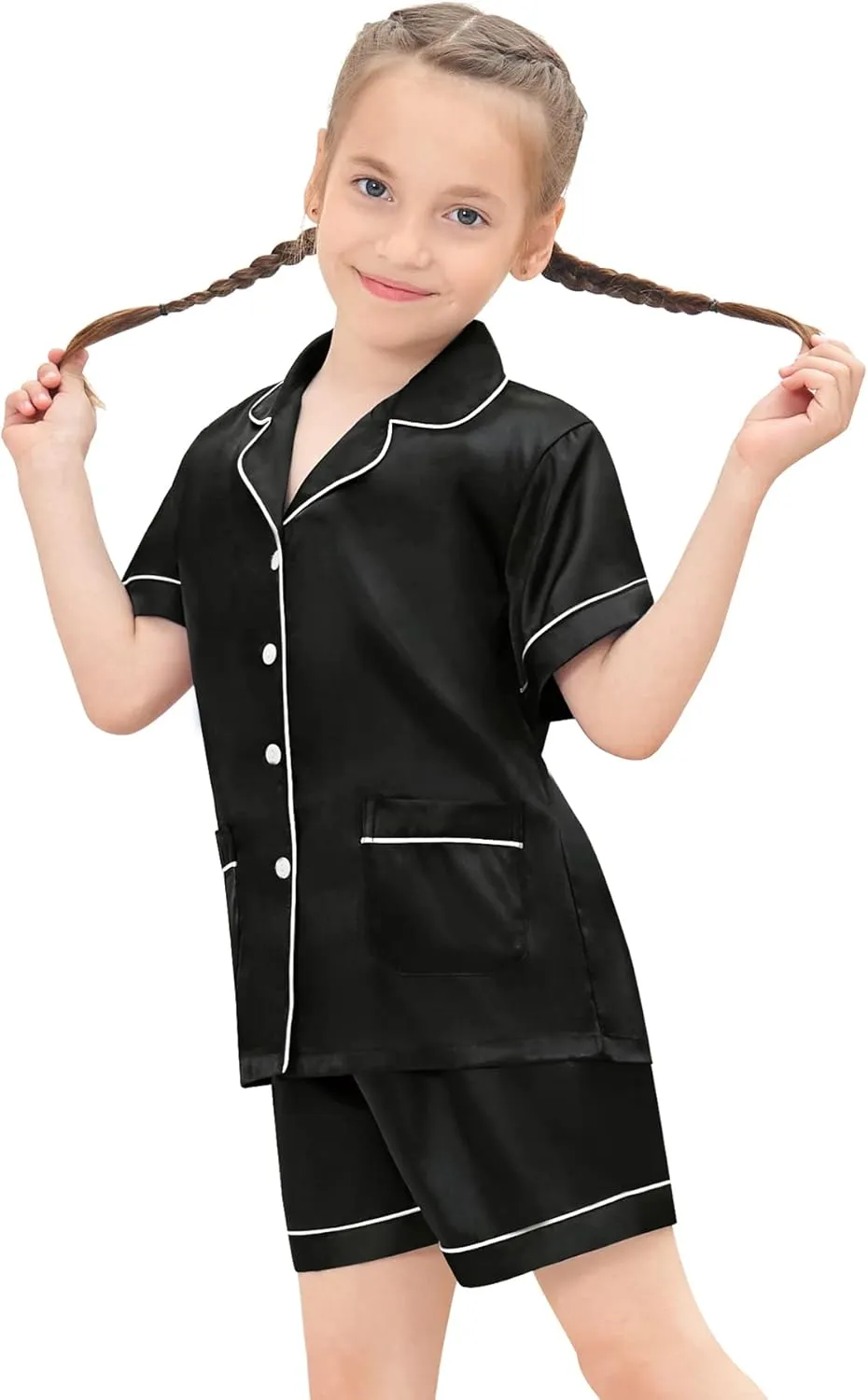 SWOMOG Kids Satin Pajamas Set 3Pcs Girls Boy Silk Pjs Set with 2 Pockets Short Sleeve Cute Button Down Sleepwear 4T-13T