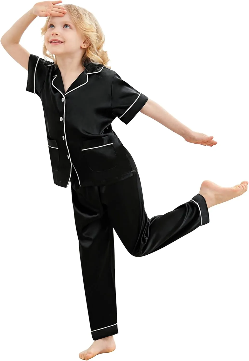 SWOMOG Kids Satin Pajamas Set 3Pcs Girls Boy Silk Pjs Set with 2 Pockets Short Sleeve Cute Button Down Sleepwear 4T-13T