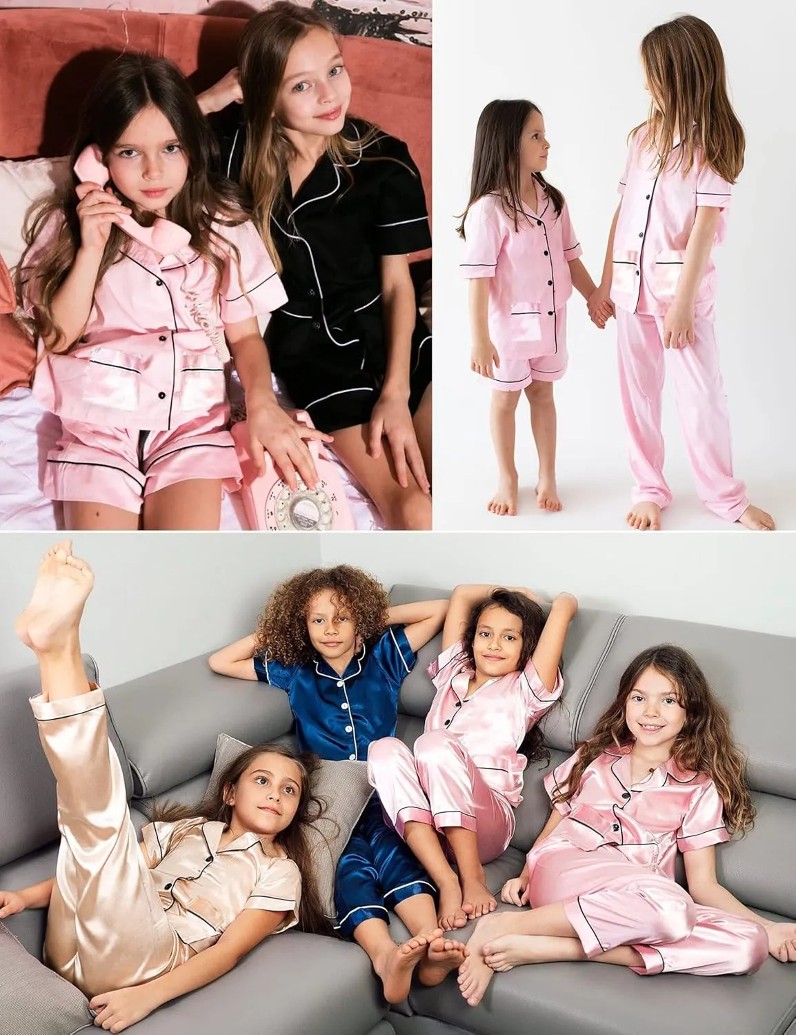 SWOMOG Kids Satin Pajamas Set 3Pcs Girls Boy Silk Pjs Set with 2 Pockets Short Sleeve Cute Button Down Sleepwear 4T-13T