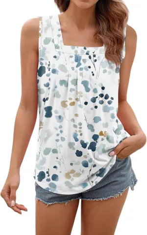 Tank Tops for Women 2025 Summer Pleated Tunic Loose Fit Sleeveless Shirts Dressy Casual V Neck Button Down Blouses