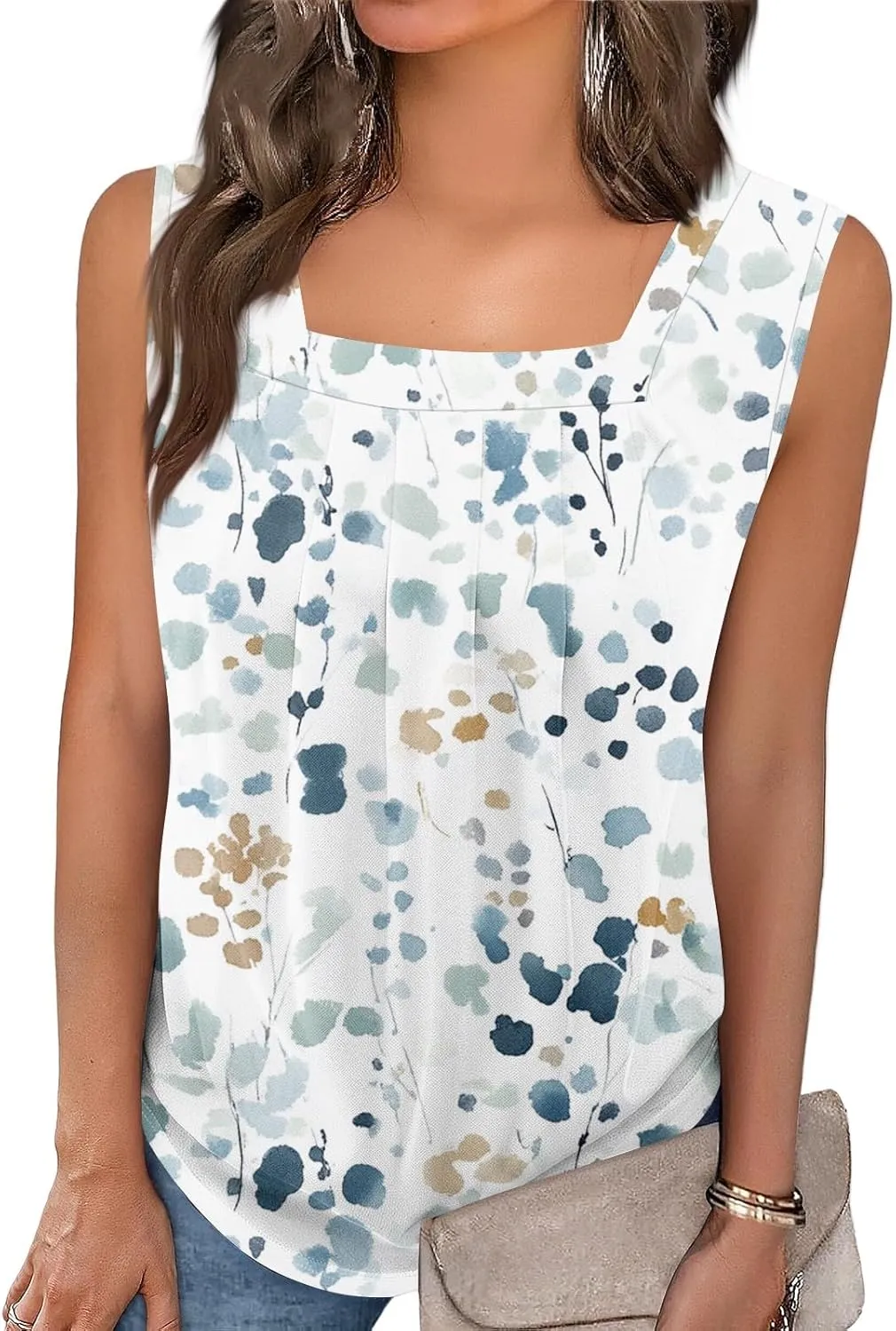 Tank Tops for Women 2025 Summer Pleated Tunic Loose Fit Sleeveless Shirts Dressy Casual V Neck Button Down Blouses