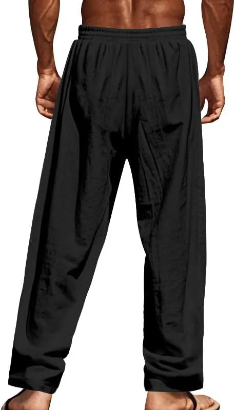 Thatrich Mens Casual Cotton Linen Pants Wide Leg Elastic Waist Button Trousers Loose Fit Lightweight Breathable Beach Slacks
