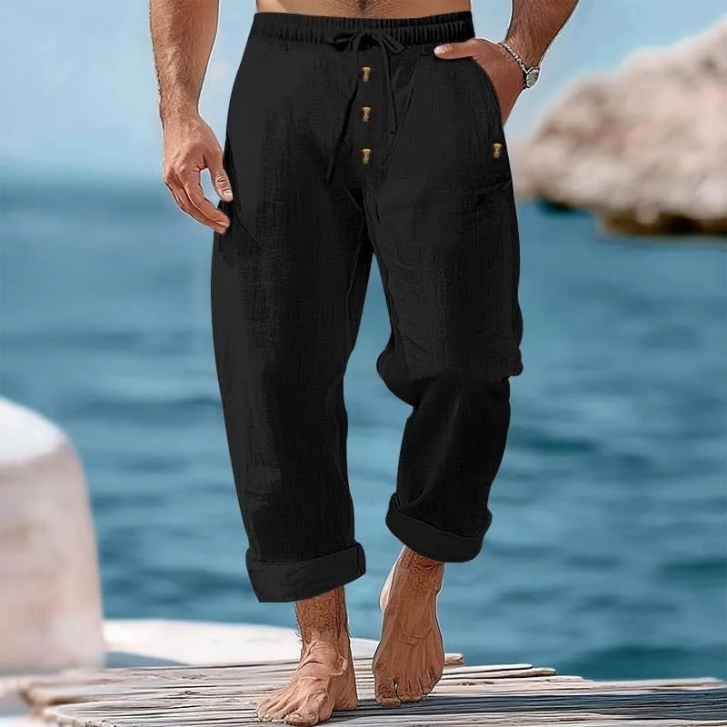 Thatrich Mens Casual Cotton Linen Pants Wide Leg Elastic Waist Button Trousers Loose Fit Lightweight Breathable Beach Slacks