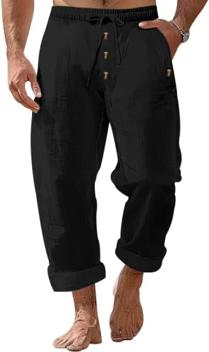 Thatrich Mens Casual Cotton Linen Pants Wide Leg Elastic Waist Button Trousers Loose Fit Lightweight Breathable Beach Slacks