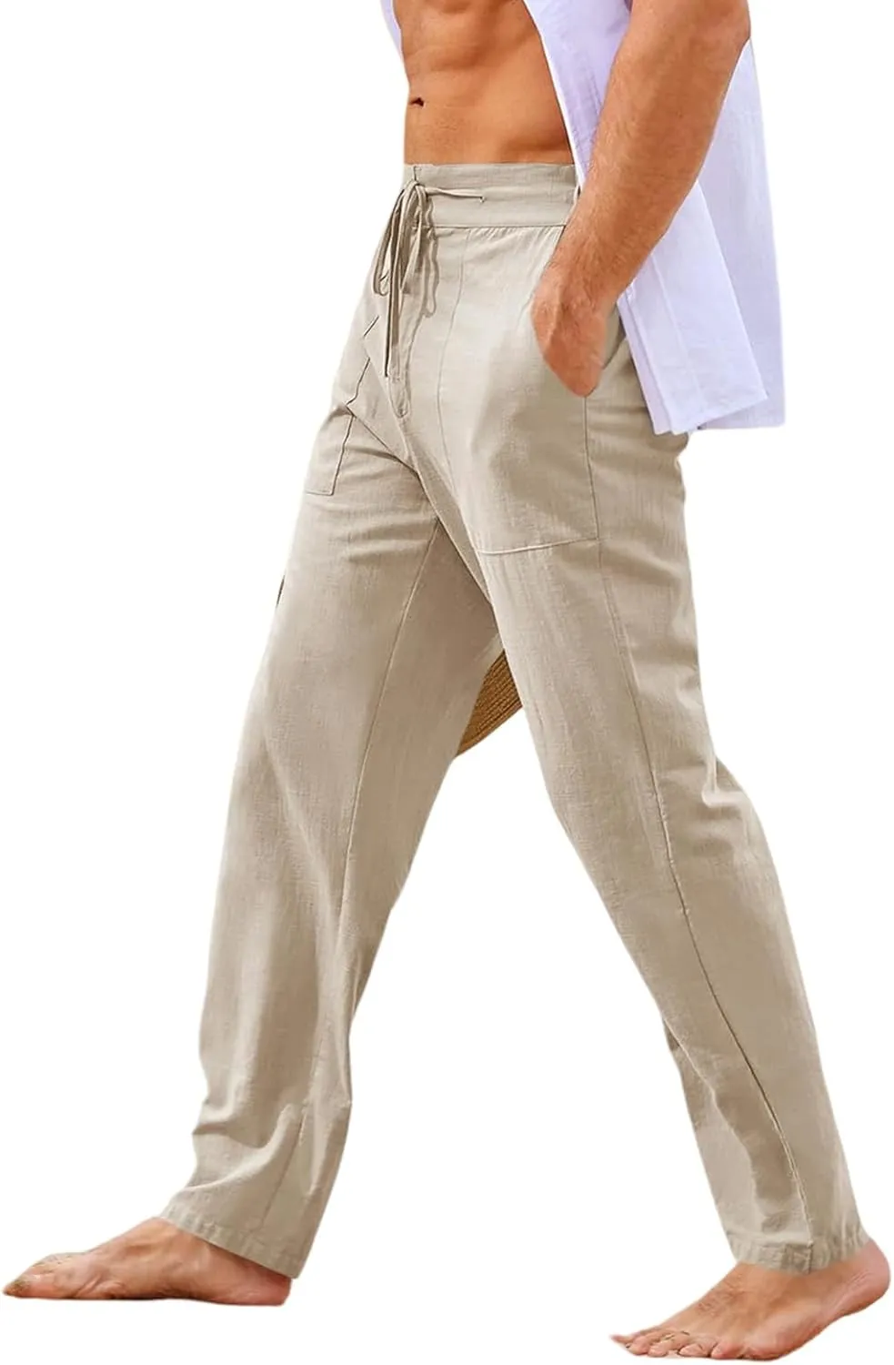 Thatrich Mens Casual Linen Pants Casual Elastic Waist Loose Fit Beach Pant Breathable Workout Running Yoga Trousers Slacks