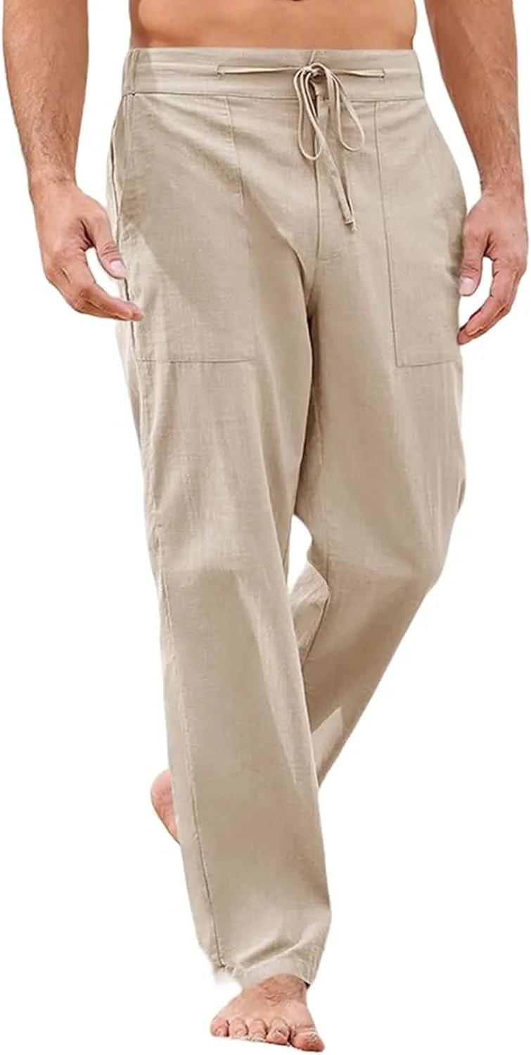 Thatrich Mens Casual Linen Pants Casual Elastic Waist Loose Fit Beach Pant Breathable Workout Running Yoga Trousers Slacks