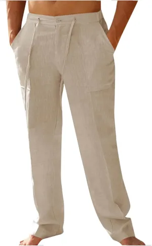 Thatrich Mens Casual Linen Pants Casual Elastic Waist Loose Fit Beach Pant Breathable Workout Running Yoga Trousers Slacks