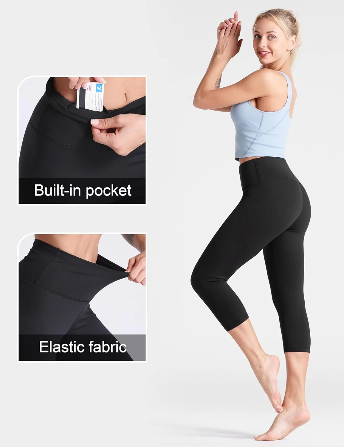 THE GYM PEOPLE Women's High Waist Workout Capris Legging Soft Tummy Control Squat Proof Yoga Running Pants
