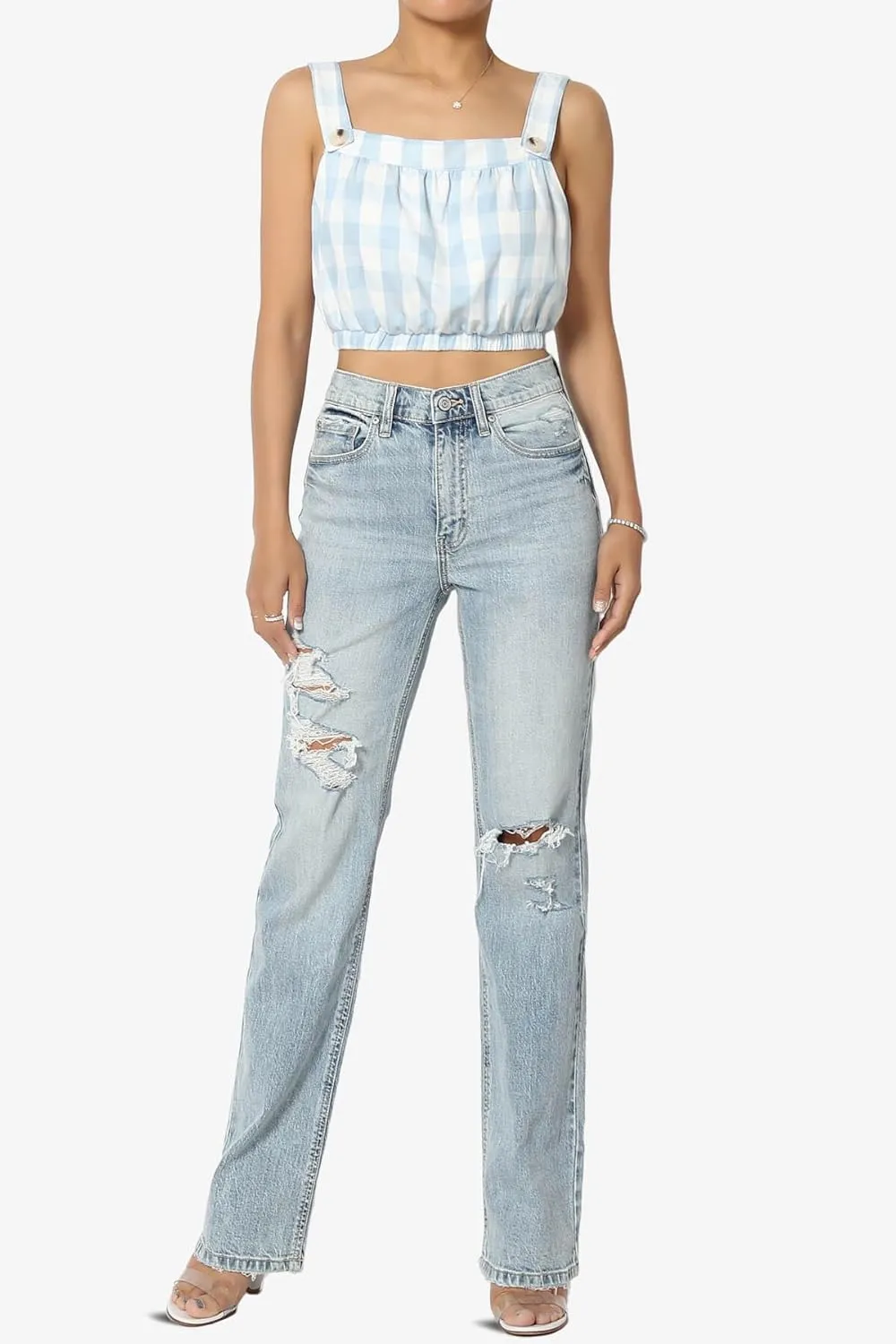 TheMogan Women's Distressed High Waist Dad Jeans Wide Straight Leg Relaxed Denim Pants