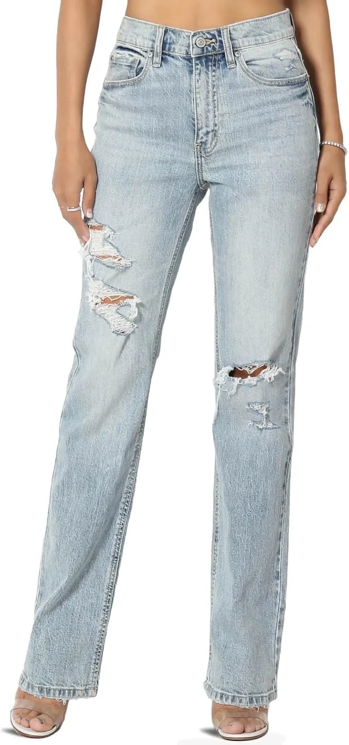 TheMogan Women's Distressed High Waist Dad Jeans Wide Straight Leg Relaxed Denim Pants