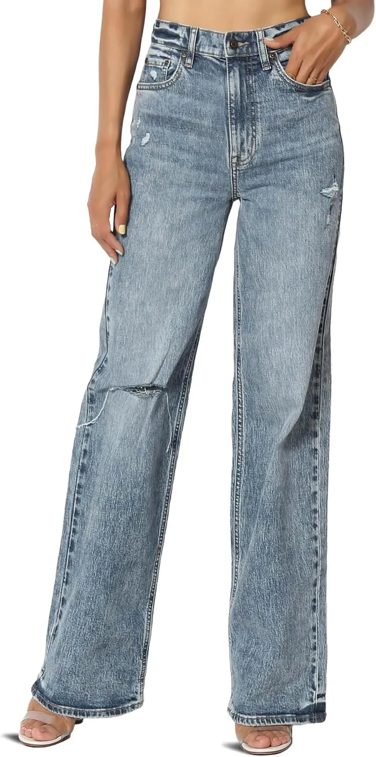 TheMogan Women's Distressed High Waist Dad Jeans Wide Straight Leg Relaxed Denim Pants