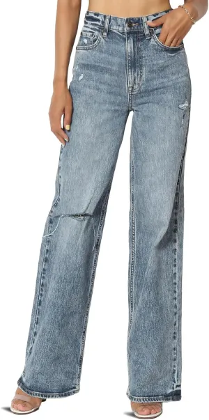 TheMogan Women's Distressed High Waist Dad Jeans Wide Straight Leg Relaxed Denim Pants