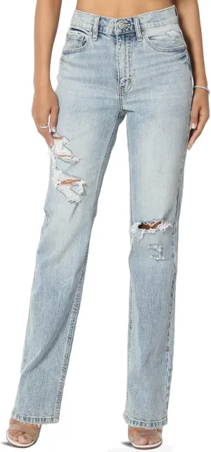 TheMogan Women's Distressed High Waist Dad Jeans Wide Straight Leg Relaxed Denim Pants