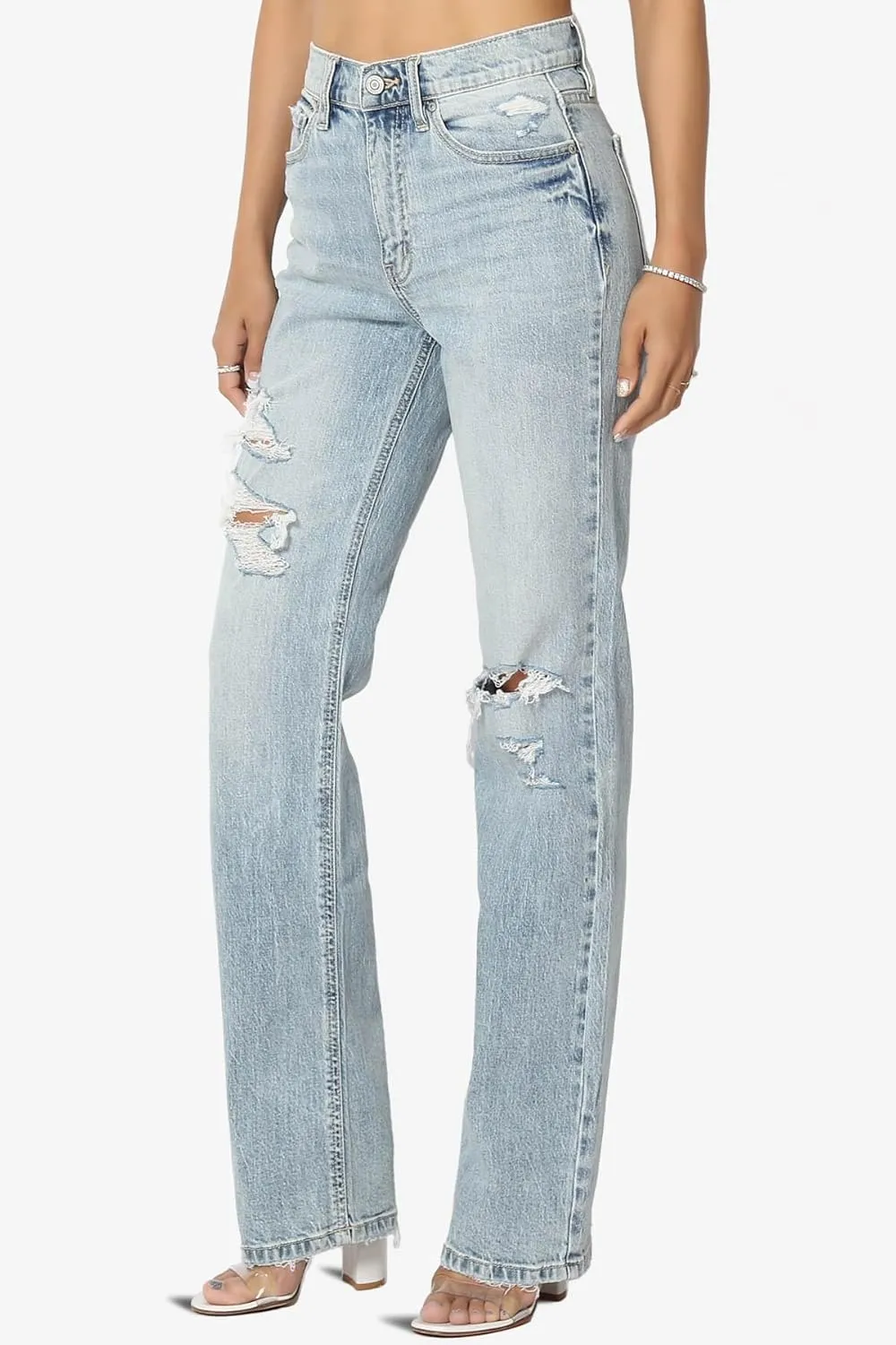 TheMogan Women's Distressed High Waist Dad Jeans Wide Straight Leg Relaxed Denim Pants