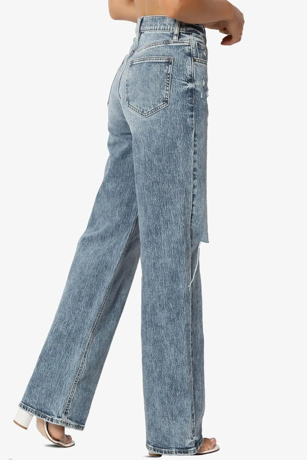 TheMogan Women's Distressed High Waist Dad Jeans Wide Straight Leg Relaxed Denim Pants