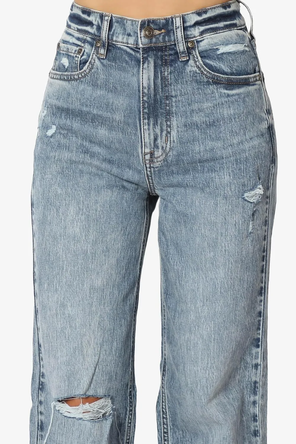 TheMogan Women's Distressed High Waist Dad Jeans Wide Straight Leg Relaxed Denim Pants