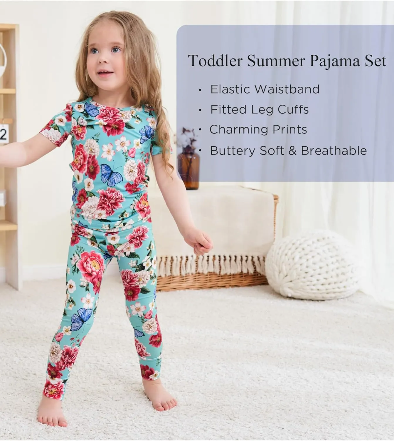 Toddler Boys Girls Pajamas Soft Bamboo Viscose Short Sleeve Top and Pants Summer 2 Piece PJs Set