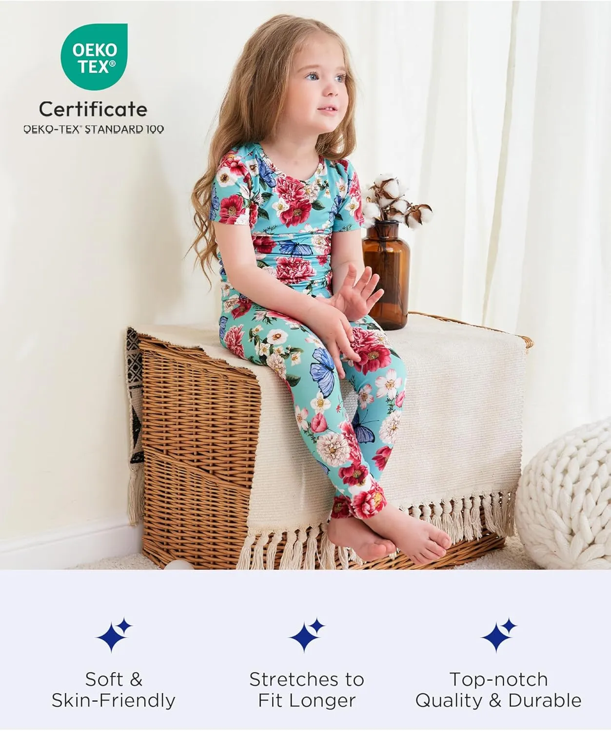 Toddler Boys Girls Pajamas Soft Bamboo Viscose Short Sleeve Top and Pants Summer 2 Piece PJs Set