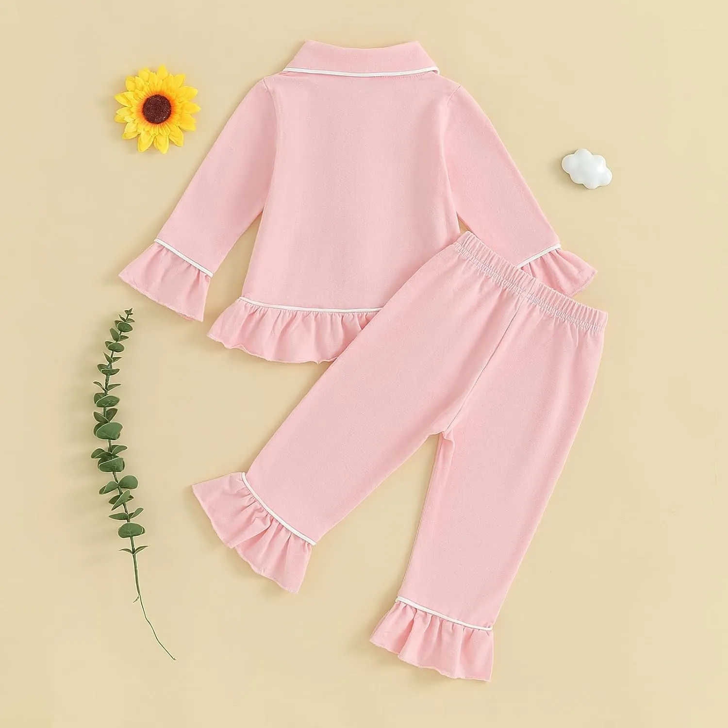 Toddler Kids Baby Girl Solid Pjs Ruffle Long Sleeve Button Shirt Top and Pants Cotton 2Piece Pajamas Set