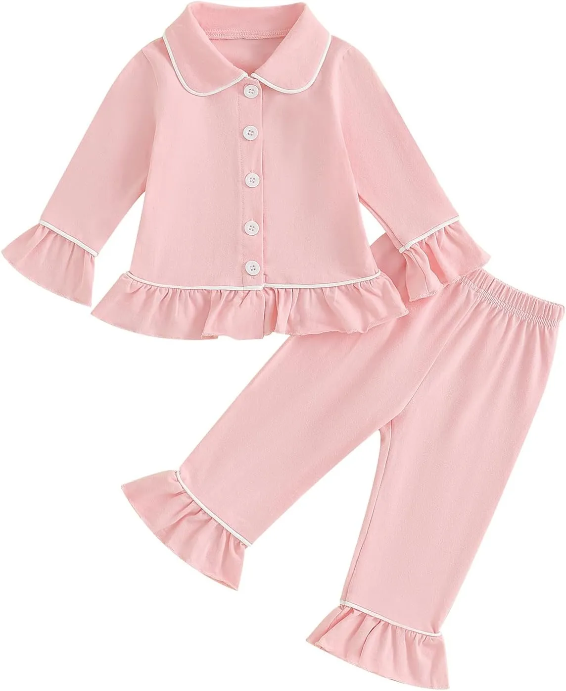 Toddler Kids Baby Girl Solid Pjs Ruffle Long Sleeve Button Shirt Top and Pants Cotton 2Piece Pajamas Set