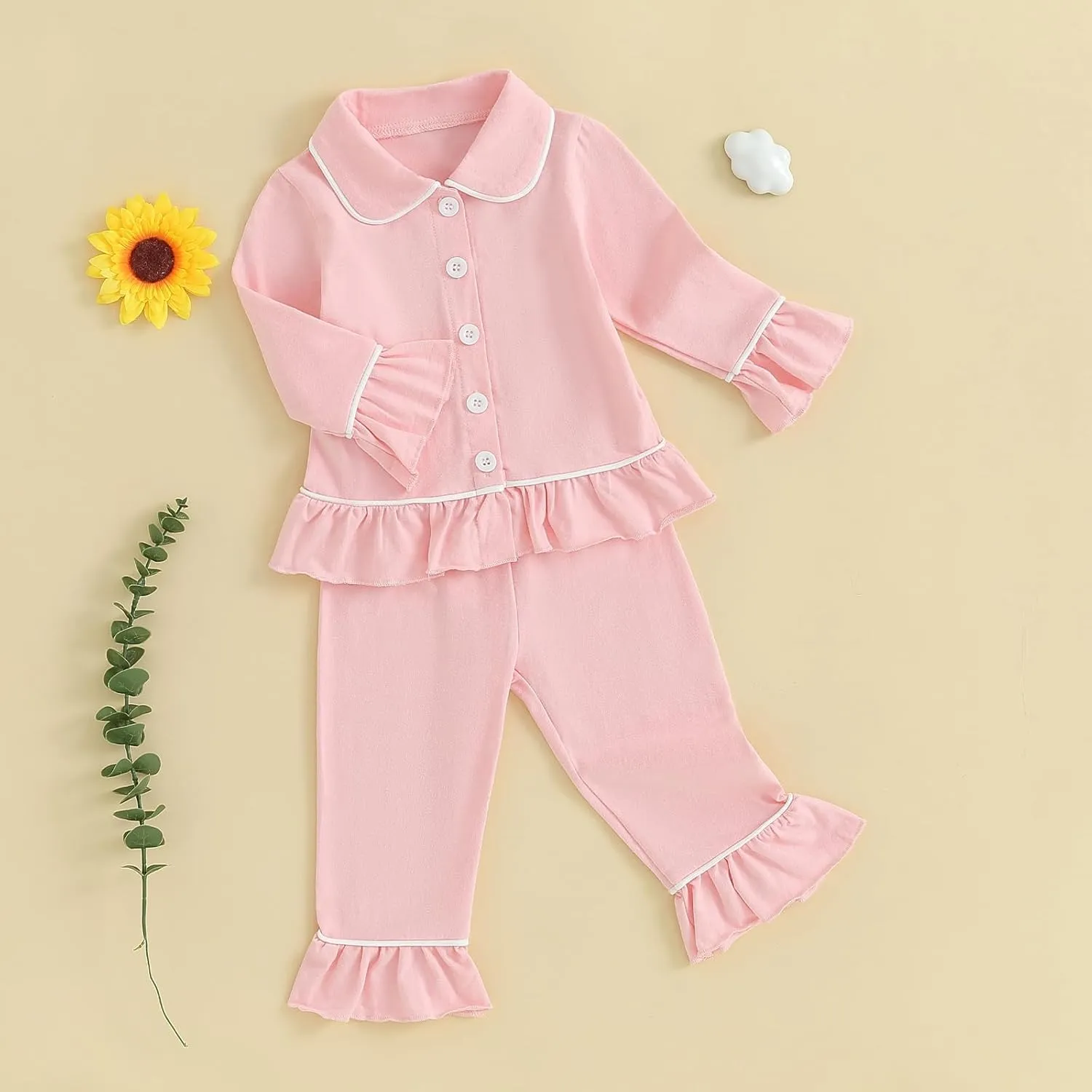 Toddler Kids Baby Girl Solid Pjs Ruffle Long Sleeve Button Shirt Top and Pants Cotton 2Piece Pajamas Set