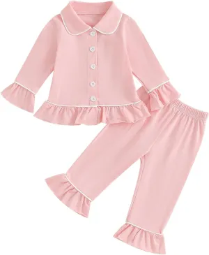 Toddler Kids Baby Girl Solid Pjs Ruffle Long Sleeve Button Shirt Top and Pants Cotton 2Piece Pajamas Set