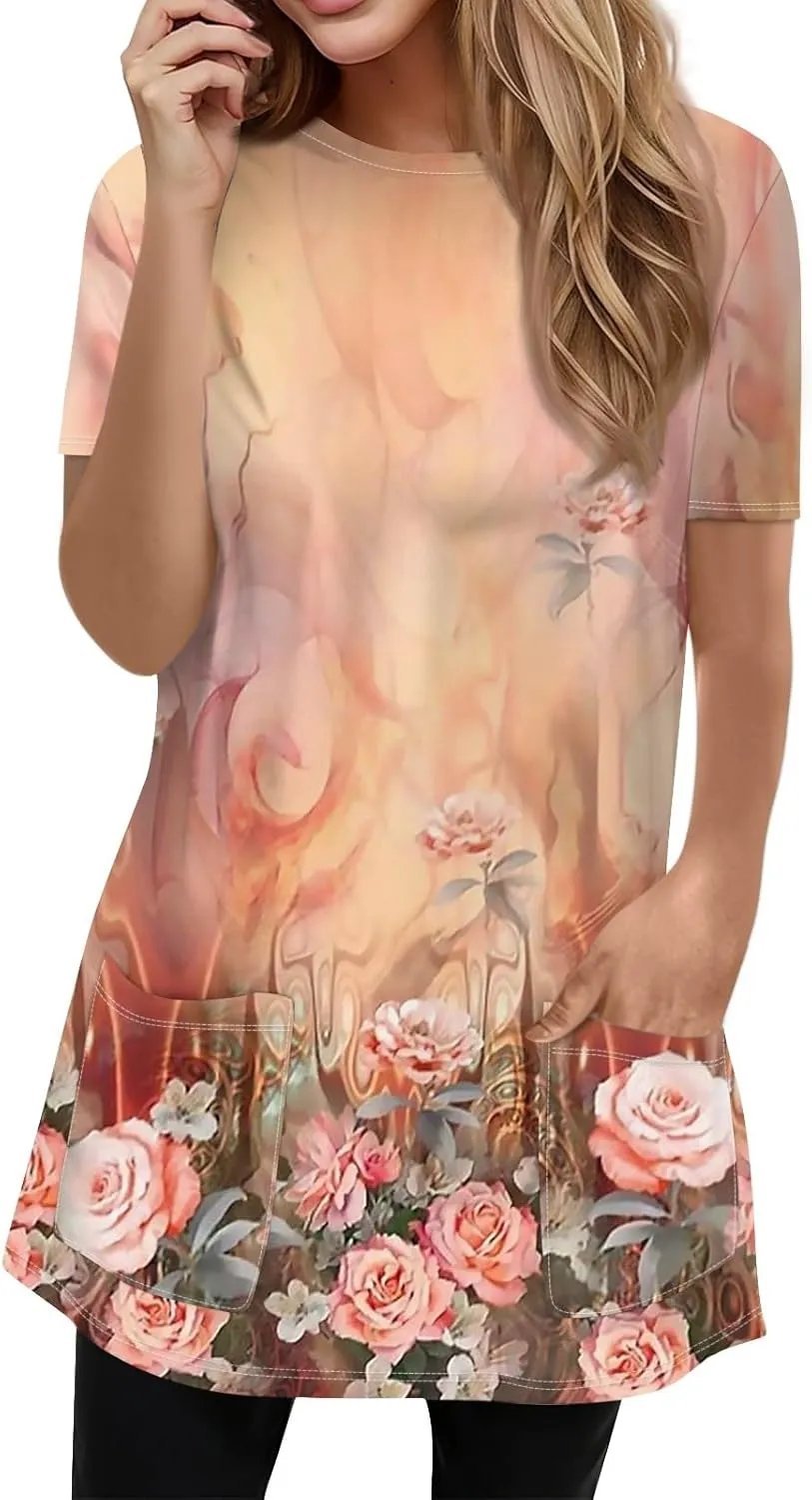 Trendy Short Sleeve Crewneck T Shirts Summer Plus Size Tunics or Tops to Wear with Leggings Casual Floral Blouses