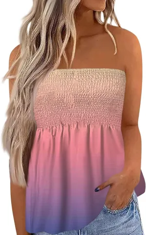 Tube Tops for Women Sleeveless Smocked Ruffled Tanks Strapless Floral Print Tube Tops Lightweight Sexy Bandeau
