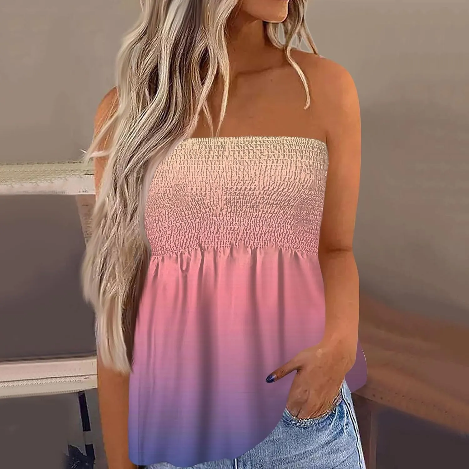 Tube Tops for Women Sleeveless Smocked Ruffled Tanks Strapless Floral Print Tube Tops Lightweight Sexy Bandeau