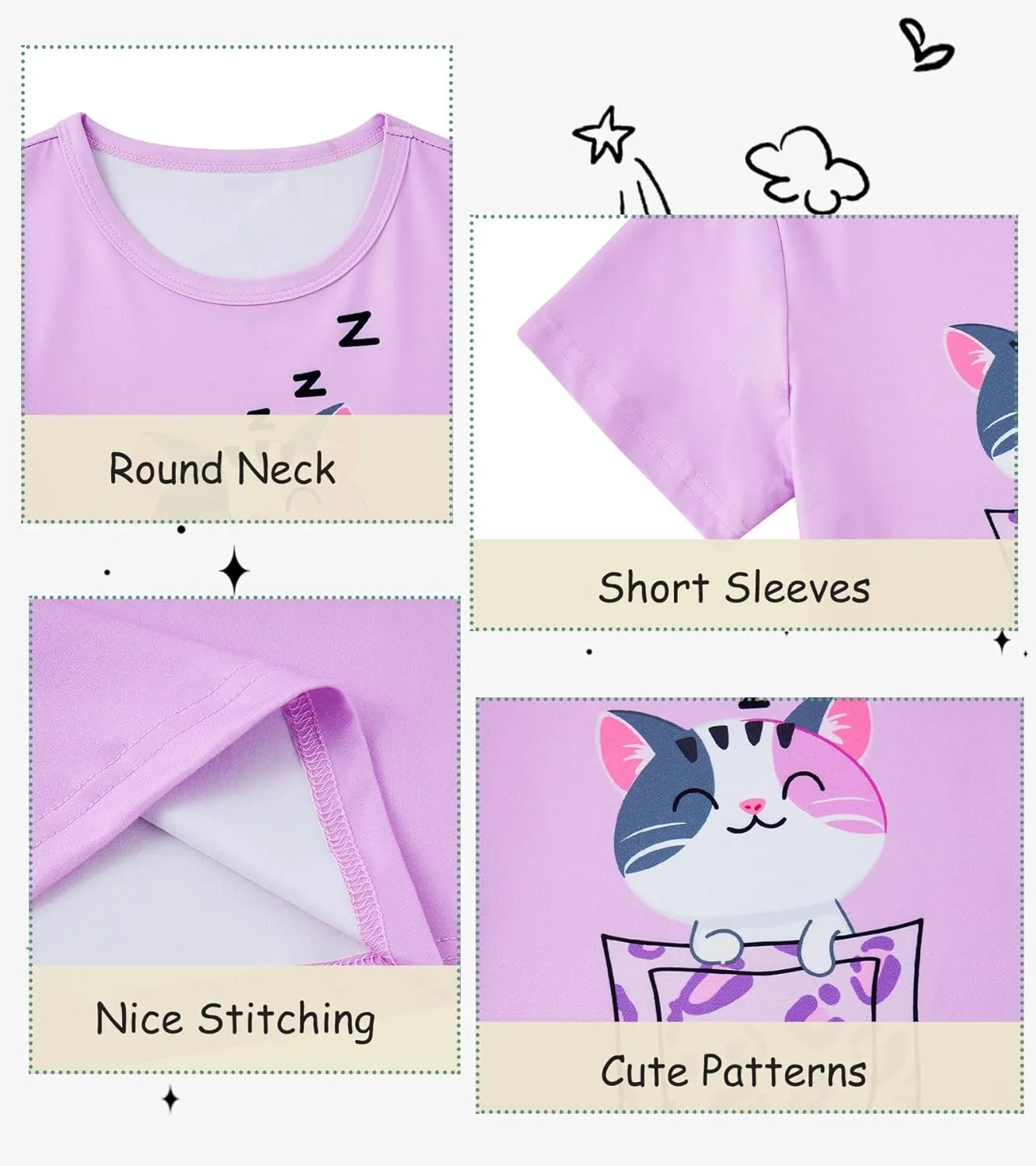 uideazone Girls Pajamas 3 Piece Set Cute Sleepwear Short Sleeve Shirt Pants Shorts Pjs Set 7-14 Years