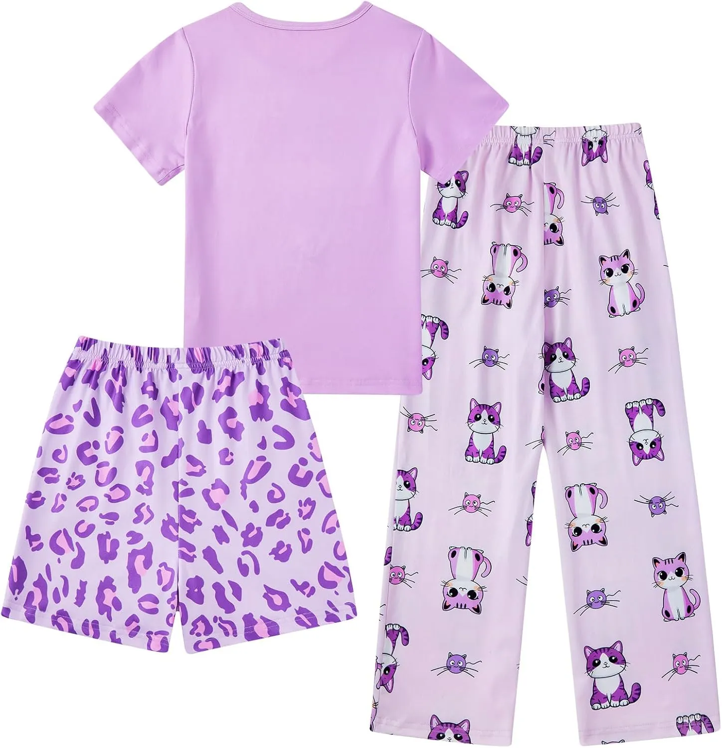 uideazone Girls Pajamas 3 Piece Set Cute Sleepwear Short Sleeve Shirt Pants Shorts Pjs Set 7-14 Years