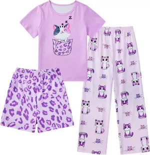 uideazone Girls Pajamas 3 Piece Set Cute Sleepwear Short Sleeve Shirt Pants Shorts Pjs Set 7-14 Years