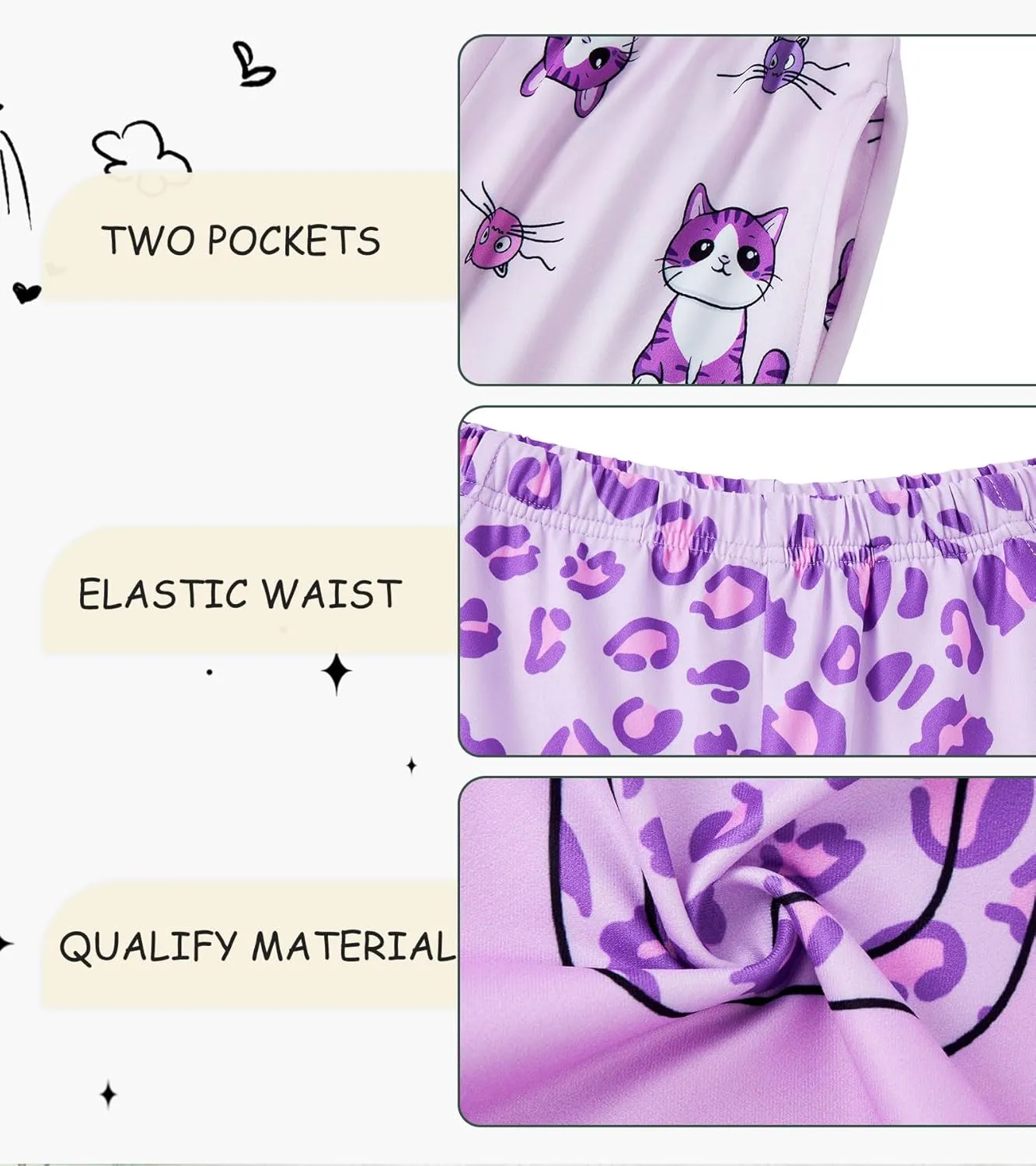 uideazone Girls Pajamas 3 Piece Set Cute Sleepwear Short Sleeve Shirt Pants Shorts Pjs Set 7-14 Years