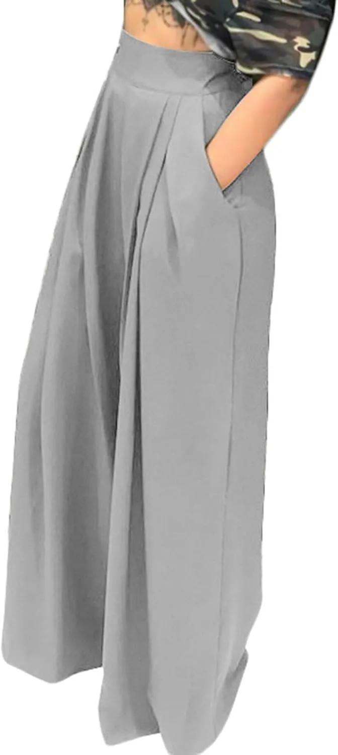 Uillui Palazzo Pants for Women Loose Baggy Wide Leg Pants High Waist Pleated Flowy Straight Trousers Casual Loungewear Pants