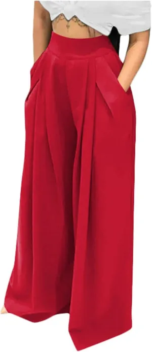 Uillui Palazzo Pants for Women Loose Baggy Wide Leg Pants High Waist Pleated Flowy Straight Trousers Casual Loungewear Pants