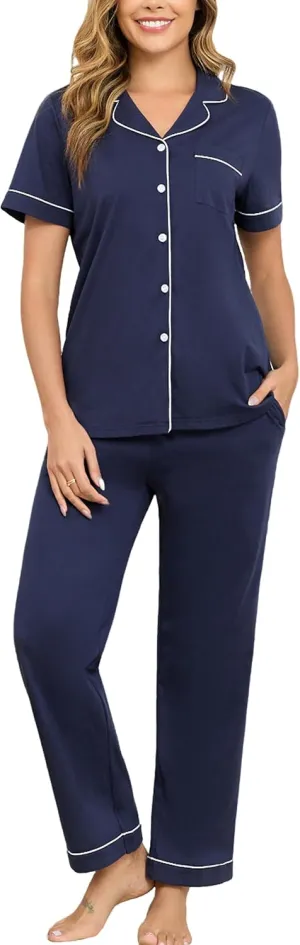 Veseacky 100% Cotton Pajamas for Women Set Short Sleeve Top with Pants Button Down Sleepwear Soft 2 Piece Pjs Lounge Sets