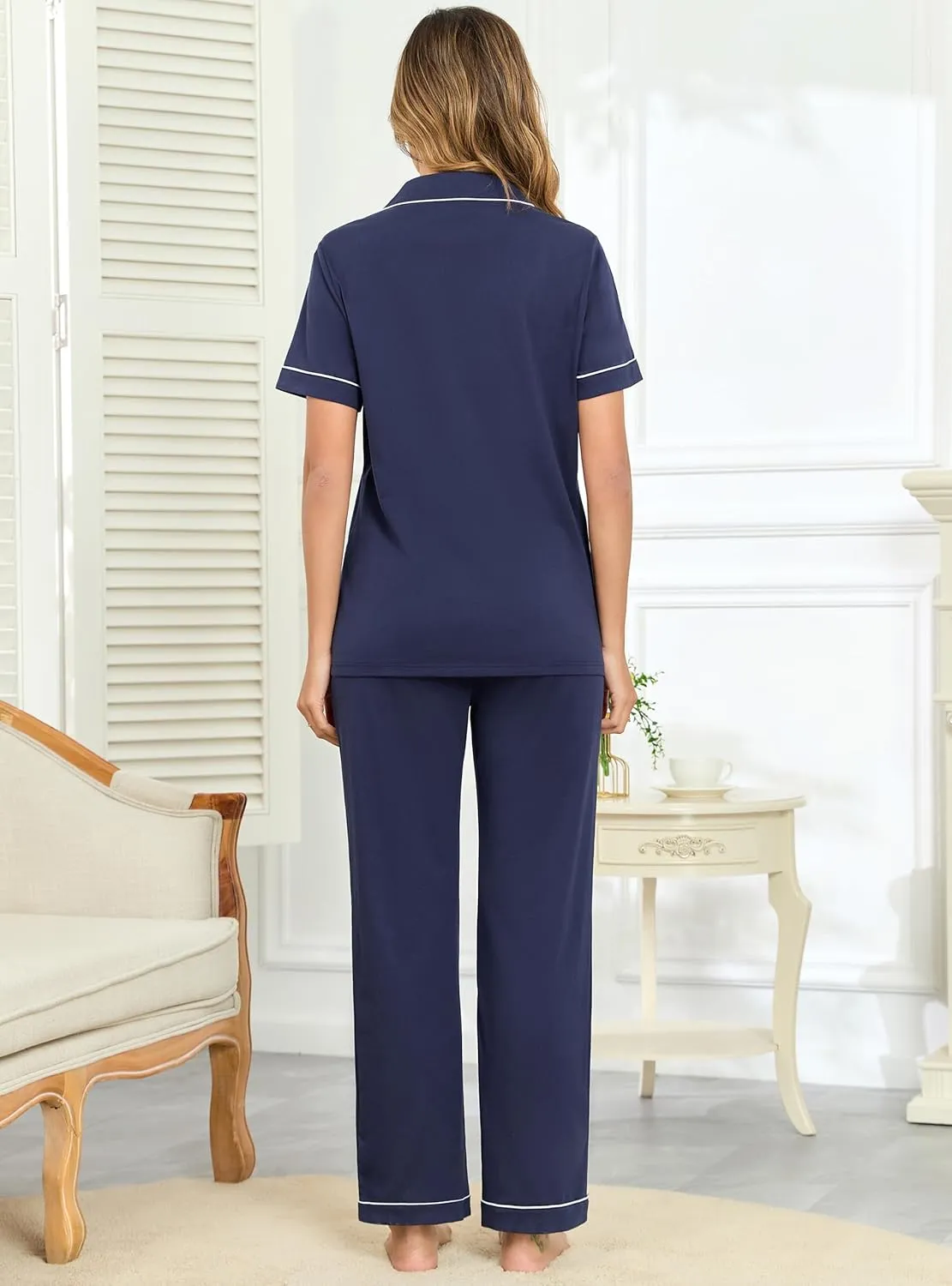 Veseacky 100% Cotton Pajamas for Women Set Short Sleeve Top with Pants Button Down Sleepwear Soft 2 Piece Pjs Lounge Sets