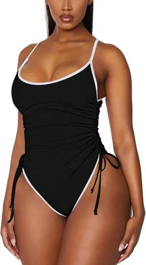 Viottiset Women's Ruched Drawstring One Piece Swimsuit Tummy Control High Cut Bathing Suit