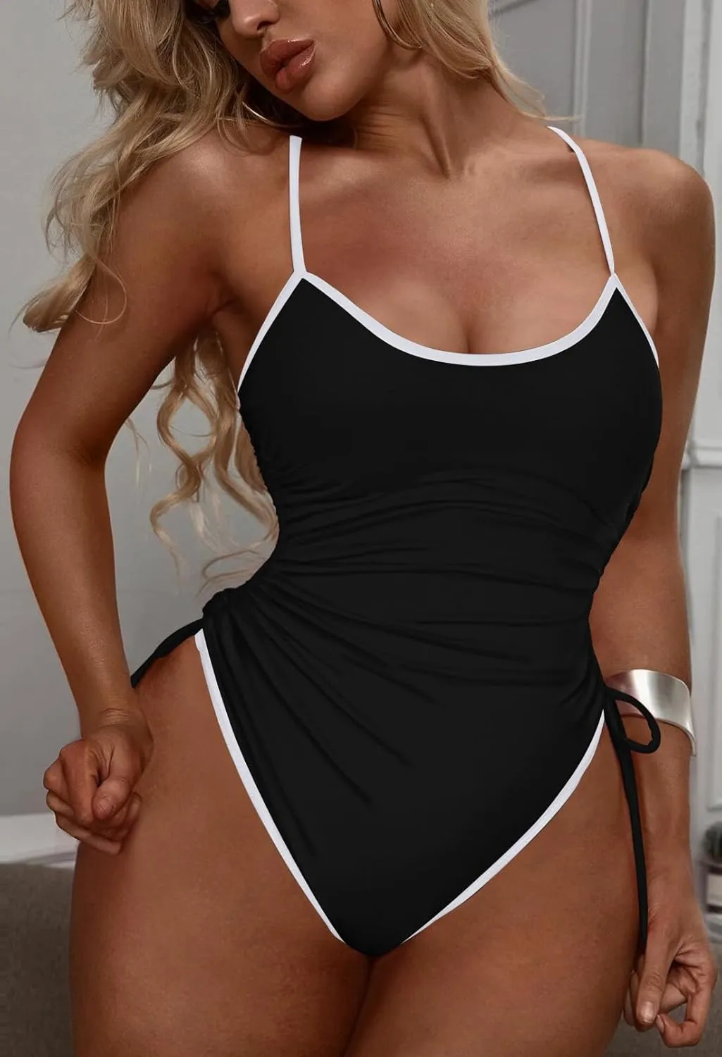 Viottiset Women's Ruched Drawstring One Piece Swimsuit Tummy Control High Cut Bathing Suit