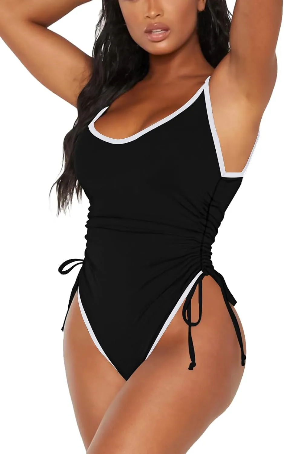 Viottiset Women's Ruched Drawstring One Piece Swimsuit Tummy Control High Cut Bathing Suit