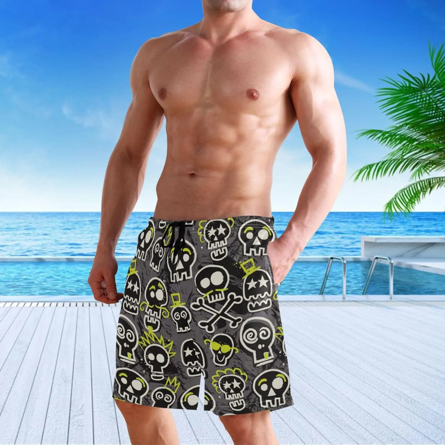 visesunny Funny Men's Swim Trunks Quick Dry Beach Board Shorts with Pockets Cool Mesh Lining Bathing Suits for Men
