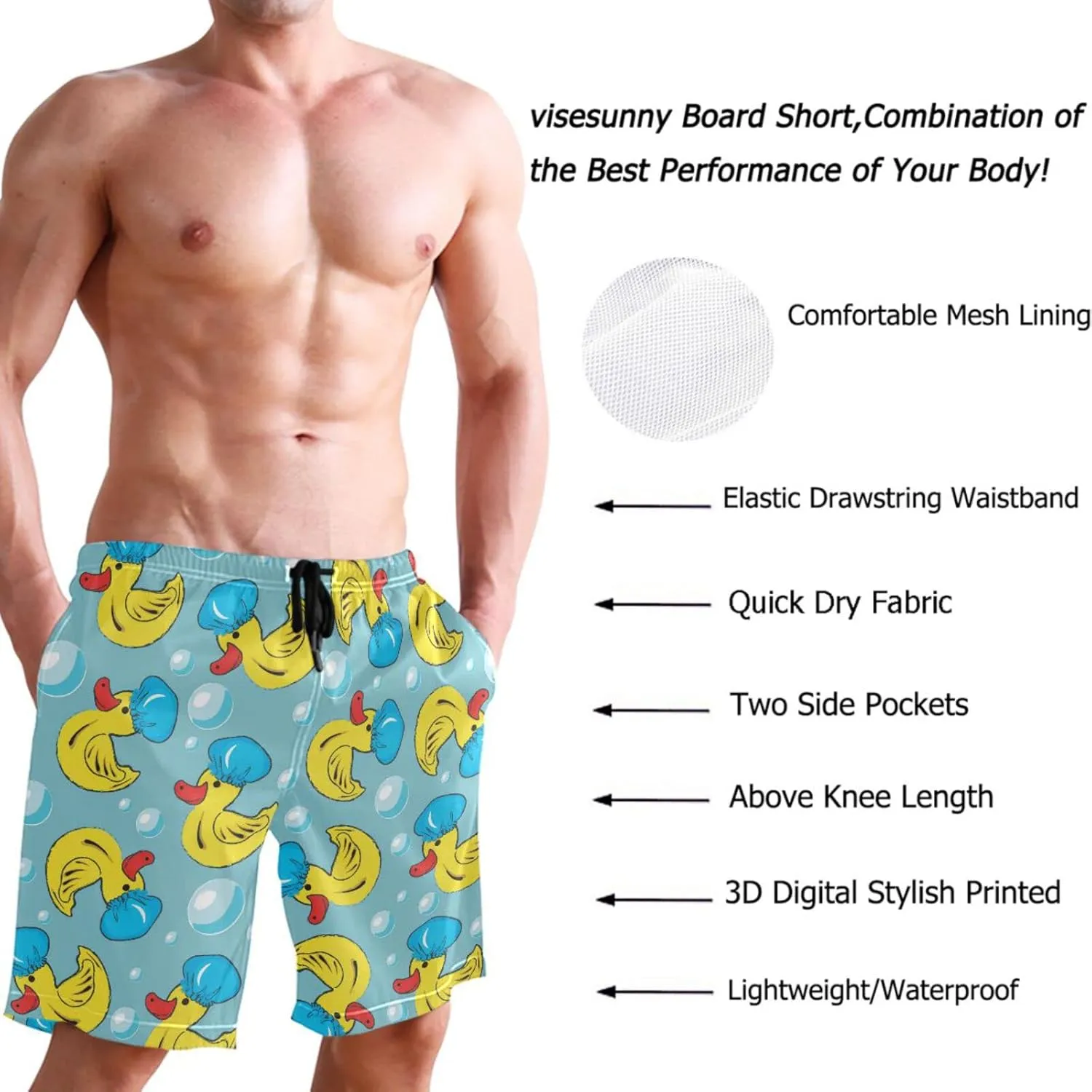 visesunny Funny Men's Swim Trunks Quick Dry Beach Board Shorts with Pockets Cool Mesh Lining Bathing Suits for Men