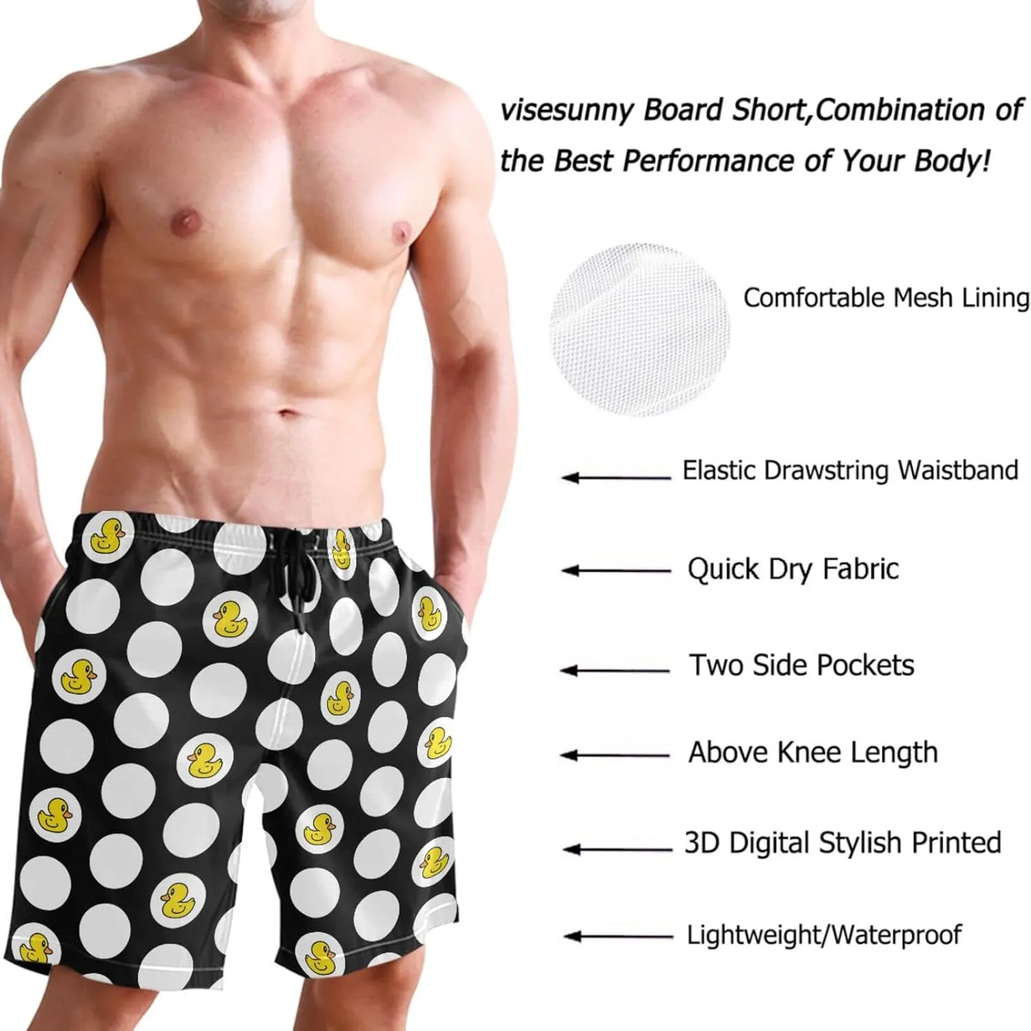 visesunny Funny Men's Swim Trunks Quick Dry Beach Board Shorts with Pockets Cool Mesh Lining Bathing Suits for Men