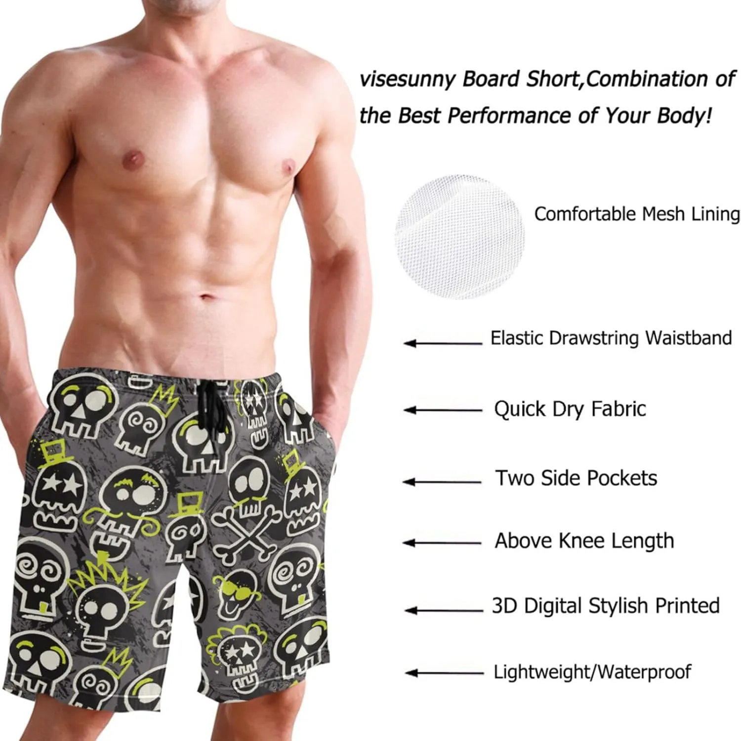 visesunny Funny Men's Swim Trunks Quick Dry Beach Board Shorts with Pockets Cool Mesh Lining Bathing Suits for Men