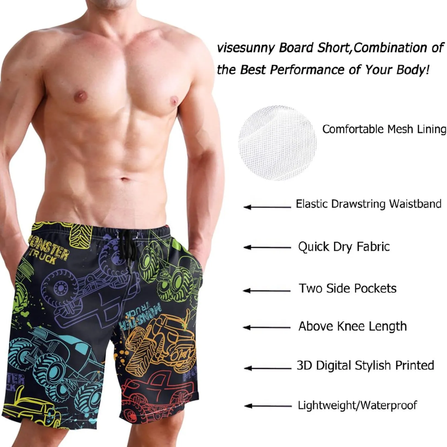 visesunny Funny Men's Swim Trunks Quick Dry Beach Board Shorts with Pockets Cool Mesh Lining Bathing Suits for Men
