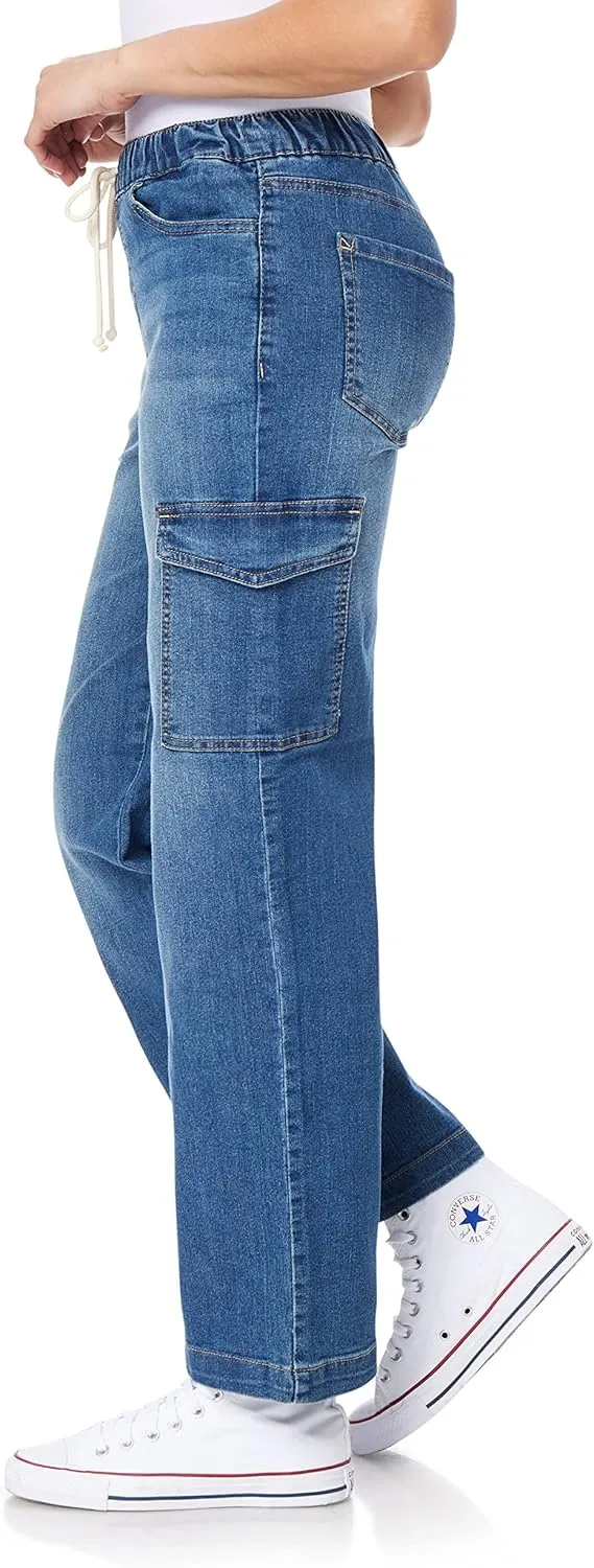 WallFlower Women's Tomboy Relaxed Cargo Denim Mid-Rise Insta Stretch Juniors Jeans