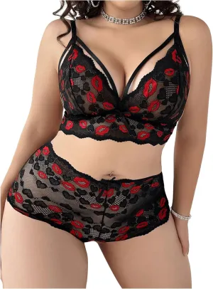 WDIRARA Women's Plus Size 2 Piece Lingerie Set Lip Print Lace Bra and Panty Set