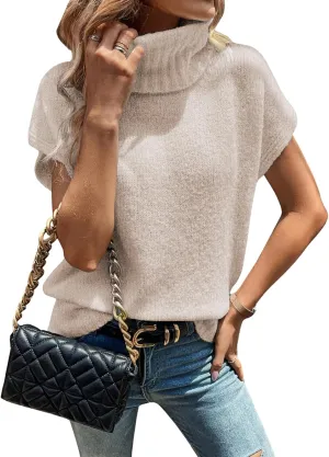 WDIRARA Women's Turtleneck Cap Sleeve Sweater Vest Pullover Knitted Top Loose Oversized Knitwear